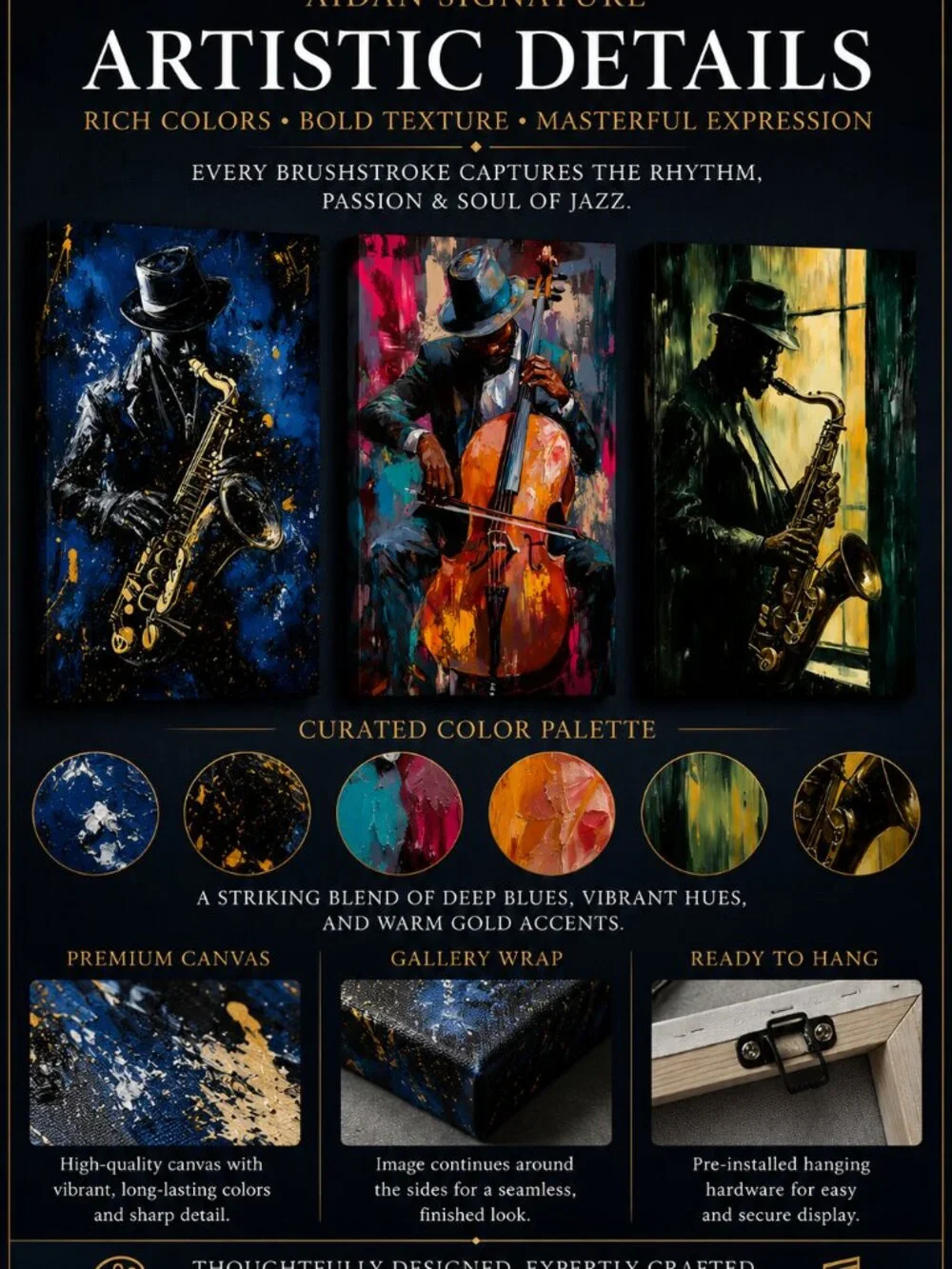 Jazz Musician Canvas Wall Art Set of 3 Saxophone Cello Framed Prin